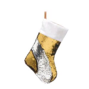 A gold fabric stocking with gold and silver reversible sequins on the front and a white plush fabric cuff. It has a gold fabric loop for hanging.