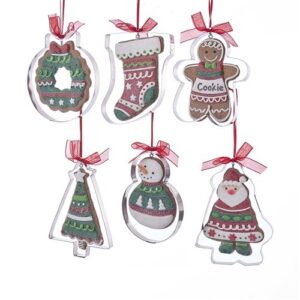 A set of six claydough Christmas tree decorations in the shape of cookies. The designs are a Christmas Wreath, a Christmas Stocking, a Gingerbread Man, a Christmas tree, a snowman and Santa Claus. They have all been decorated to look like iced Christmas cookies in traditional shades of red, green and white. Each decoration has an actual silver metal cookie cutter in the shape of the decoration around it. They all hang from red ribbons.