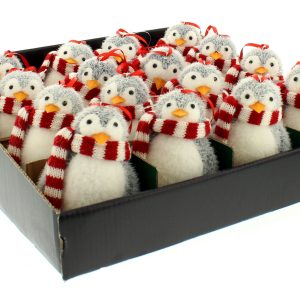 Flocked Fabric Penguins with Scarves - Hanging Decorations in a box with red and white striped scarfs.