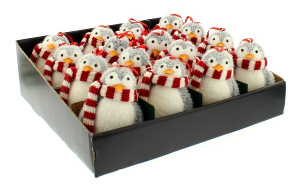 Flocked Fabric Penguins with Scarves - Hanging Decorations in a box with red and white striped scarfs.