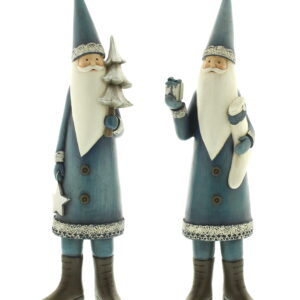 Two polyresin figurines depicting Santa Claus. Both are dressed in a demin blue coloured coat and tousers. The bottom hem of the coat is decorated with a silver sparkly band, they are wearigna pointy hat in the same colour of blue with a matching silver band along the bottom, They are wearing black boots and blue mittens. Both have a kind face and long white beard. The Santa on the left is holding a silver Christmas tree in his left hand and a silver star in his right hand. The Santa on the right is holding a silver present in his right hand and a white stocking in his left hand..