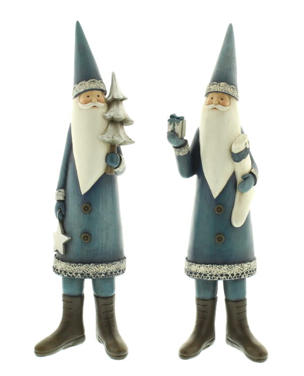 Two polyresin figurines depicting Santa Claus. Both are dressed in a demin blue coloured coat and tousers. The bottom hem of the coat is decorated with a silver sparkly band, they are wearigna pointy hat in the same colour of blue with a matching silver band along the bottom, They are wearing black boots and blue mittens. Both have a kind face and long white beard. The Santa on the left is holding a silver Christmas tree in his left hand and a silver star in his right hand. The Santa on the right is holding a silver present in his right hand and a white stocking in his left hand..