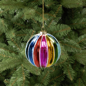 A round traditional moulded glass, segmented Christmas tree bauble. Each segment of this bauble has been decorated in metallic paint with a different colour of the rainbow. The edges of the segments have been finished with a fine line of white glitter running from top to bottom. Hangs from a gold string.