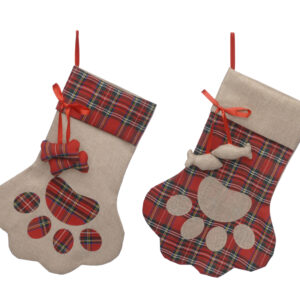 Two paw shaped red tartan and hessian pet stockings. The stocking on the left is for dogs, the main body is hessian with a red tartan cuff and paw pad details. Two tartan bones hang from the cuff by a red ribbon. There is also a red ribbon for hanging the stocking up. The stocking on the right is for cats, the main body is red tartan with a hessian cuff and hessian paw pad details. Two hessian fish hang from the cuff by a red ribbon. There is also a red ribbon for hanging the stocking up.