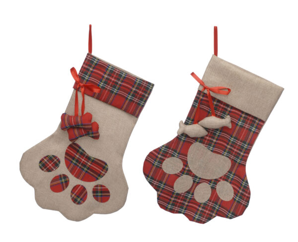 Two paw shaped red tartan and hessian pet stockings. The stocking on the left is for dogs, the main body is hessian with a red tartan cuff and paw pad details. Two tartan bones hang from the cuff by a red ribbon. There is also a red ribbon for hanging the stocking up. The stocking on the right is for cats, the main body is red tartan with a hessian cuff and hessian paw pad details. Two hessian fish hang from the cuff by a red ribbon. There is also a red ribbon for hanging the stocking up.