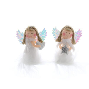 Two Fur-trimmed Mini fabric Angels with Heart/Star on a white background.