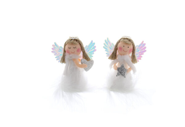 Two Fur-trimmed Mini fabric Angels with Heart/Star on a white background.