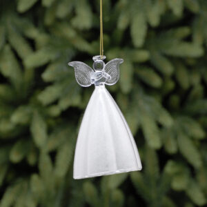 A tall clear glass Angel Christmas tree decoration. The long and voluptuous skirt of this angel has a white glitter frosting on the inside giving it an opage look from the outside. Her body, arms, head wings and halo are clear glass. Her wings are decorated with lines indicting feathers and her hands are clasped in front of her in prayer. She hangs from a gold string.