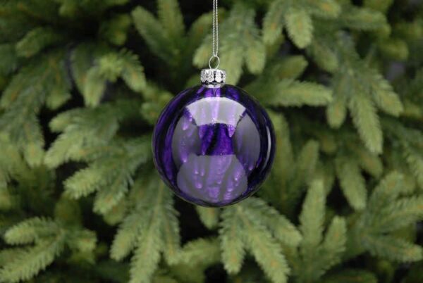 A clear glass Christmas tree bauble decorated on the inside with dark plum coloured alcohol ink and filled with silver glitter creating a beautiful marble effect. hanging from a silver string.