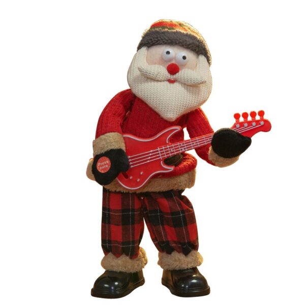 A Singing Rocking Santa playing a guitar. A plush battery operated Santa Claus figurine dressed in red tartan trousers with fur trim and a red cable knit jumper with matching fur trim, he has black boots and mittens and wears a festive hat. His cream coloured beard is made from a waffle fabric and his nose is a red pompom, His eyes are looking in different directions which adds to his charm. He is holding a red plastic guitar with white details on it. There is a red button on the back of his right hand that says 'Press here'. When pressed he strums his guitar and shakes his hips to the Christmas music he plays.