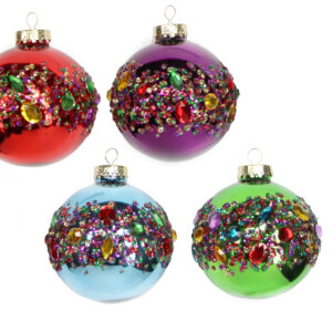 Four Colourful Baubles with a band of Rainbow Jewel around their centres. the bauble top left is metallic red, top right is metallic purple, bottom right is metallic green and bottom left is metallic blue. All have a band of multicoloured jewels and sequins around their centres.