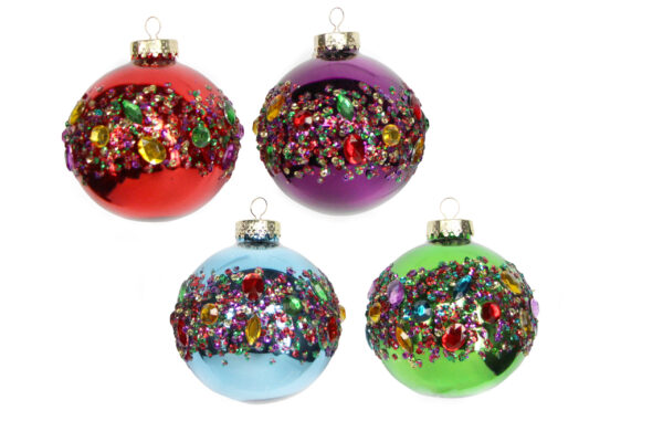 Four Colourful Baubles with a band of Rainbow Jewel around their centres. the bauble top left is metallic red, top right is metallic purple, bottom right is metallic green and bottom left is metallic blue. All have a band of multicoloured jewels and sequins around their centres.