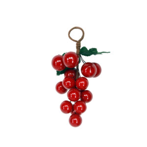 Red Holly Berry Cluster with two green fabric leaves and a brown loop for hanging.