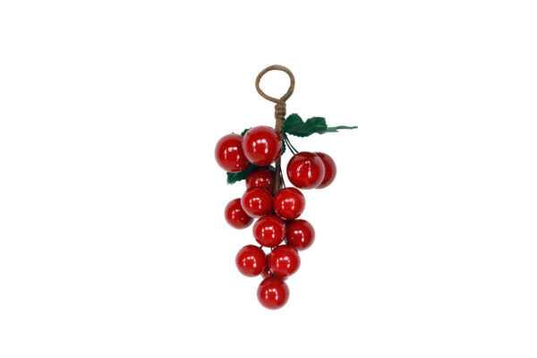 Red Holly Berry Cluster with two green fabric leaves and a brown loop for hanging.