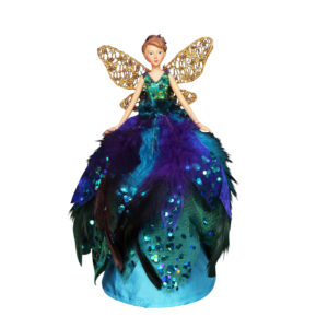 A Small Peacock-Inspired Fairy Tree Topper in blue and purple. This fairy has a pale blue satin skiert that is overlayed with layers of purple and blue feathers and sequined netting. Her bodice is green with blue and purple glitter and her fairy wings are made of gold lace.