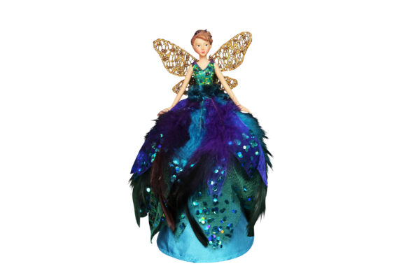 A Small Peacock-Inspired Fairy Tree Topper in blue and purple. This fairy has a pale blue satin skiert that is overlayed with layers of purple and blue feathers and sequined netting. Her bodice is green with blue and purple glitter and her fairy wings are made of gold lace.