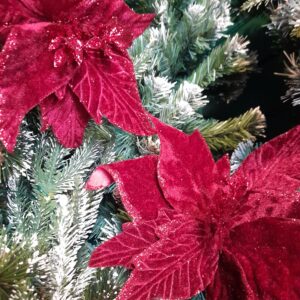 Sparkly Clip-On Festive Red Velour Poinsettias on a Christmas Tree.