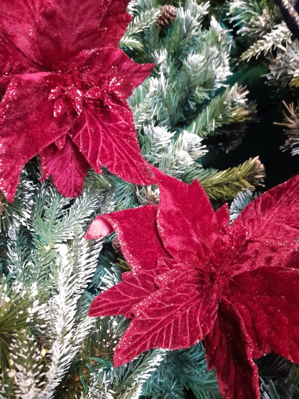 Sparkly Clip-On Festive Red Velour Poinsettias on a Christmas Tree.