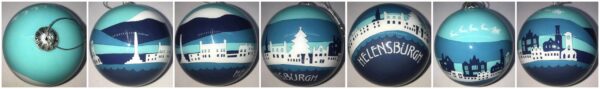 Beautiful Handpainted Helensburgh Skyline Bauble designed by Hiya Pal featuring the front off Helensburgh in white set against a backdrop of hills and sky in various shades of blue. Santa Claus and his reindeer are flying over head and the white text at the bottom reads 'HELENSBURGH'