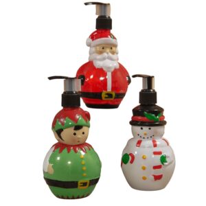 Three Round bodied Christmas themed soap dispensers. The one at the top is in the shape of a jolly Santa Claus, the one one the bottom right is a cheerful white Snowman with a black tophat and the one on the bottom left is a cheeky elf with a green outfit and red hat.