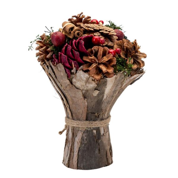 A Red, Gold and Green Festive Bouquet made up of natural pine cones and berries wrapped up in tree bark tied up with hessian string.