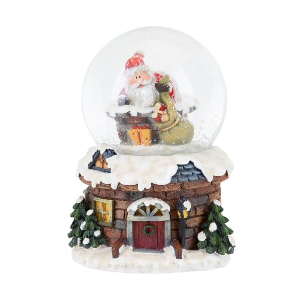 A Santa Claus Snowglobe. The base of this polyresin Snowglobe is in the shape of a round house, it has red brickwork and a small square window and a red front door. The grey tiled roof is covered in snow and the globe sits on top of this. Inside the globe Santa can be seen climbing down the chimney with his sack of presents.