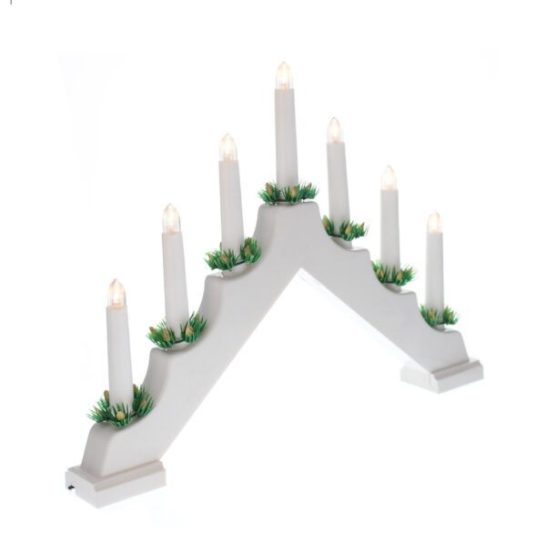 An LED White Candle Bridge - Battery Operated with six faux candles with festive foliage.