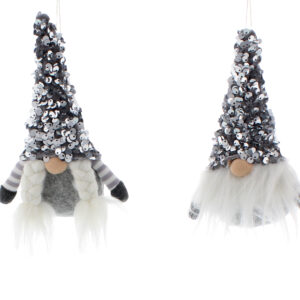 A pair of grey and white sequined Gonk Christmas tree hanging decorations. They both have grey and silver sequinned hats, round pink noses, grey bodies and grey and white striped arms. the one on the left has long white fluffy pigtails and the one on the right has a a long white fluffy beard.