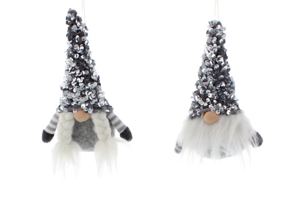 A pair of grey and white sequined Gonk Christmas tree hanging decorations. They both have grey and silver sequinned hats, round pink noses, grey bodies and grey and white striped arms. the one on the left has long white fluffy pigtails and the one on the right has a a long white fluffy beard.