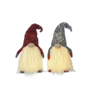 A pair of light up Christmas Gonks. The body of these gonks is made up of their big white beard which lights up with a warm white light. The gonk on the left has a red sequinned hat, round pink nose, red arms and grey mittens and feet. The gonk on the right has a silver sequinned hat, round pink nose, grey arms and red mittens and feet.