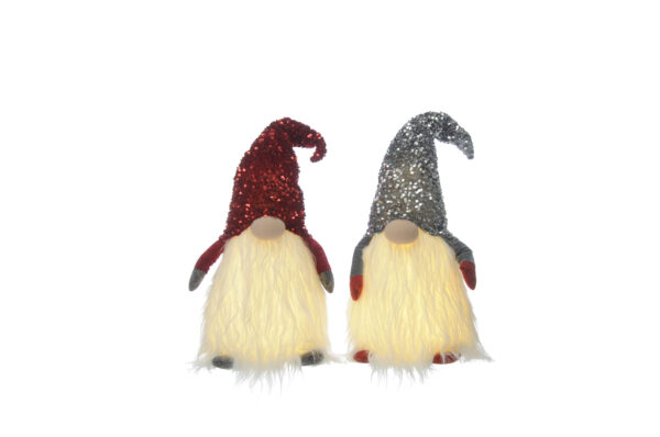 A pair of light up Christmas Gonks. The body of these gonks is made up of their big white beard which lights up with a warm white light. The gonk on the left has a red sequinned hat, round pink nose, red arms and grey mittens and feet. The gonk on the right has a silver sequinned hat, round pink nose, grey arms and red mittens and feet.