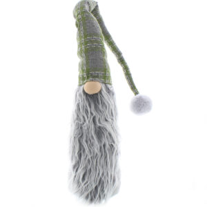 A large grey and green gonk with fur beard. This long gonk has a green and grey checked hat with a grey pompom at the end. He has a round pink nose which pokes out beaneath his hat. His body is covered completely by his long, grey, fluffy beard.