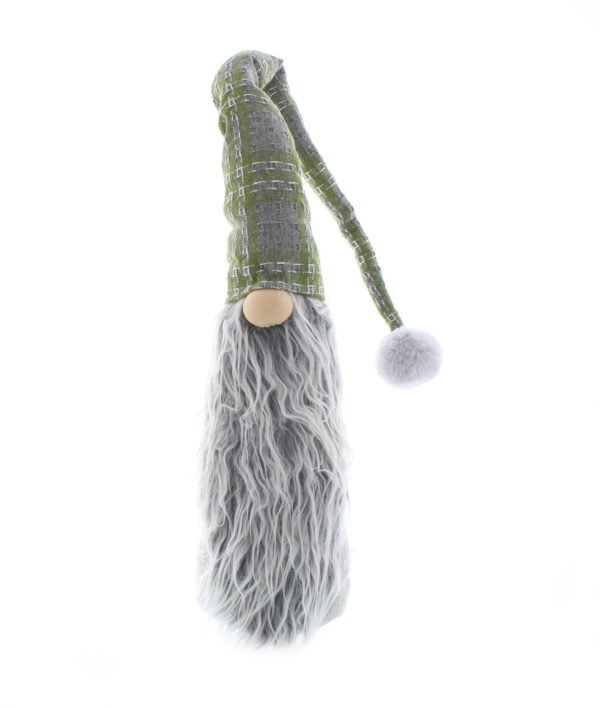 A large grey and green gonk with fur beard. This long gonk has a green and grey checked hat with a grey pompom at the end. He has a round pink nose which pokes out beaneath his hat. His body is covered completely by his long, grey, fluffy beard.