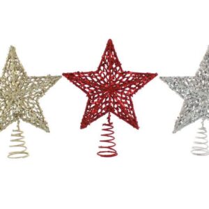 Three star shaped Christmas tree toppers. These wireframe tree toppers are in the shape of star. The one on the left is gold. the one in hte middle is red and the one on the right is silver. All are covered in glitter and sequins in their respective colours and all sit upon a conical spring for mounting on the tree.