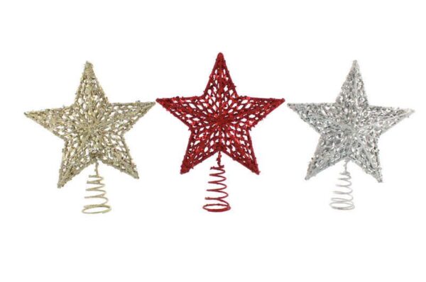 Three star shaped Christmas tree toppers. These wireframe tree toppers are in the shape of star. The one on the left is gold. the one in hte middle is red and the one on the right is silver. All are covered in glitter and sequins in their respective colours and all sit upon a conical spring for mounting on the tree.