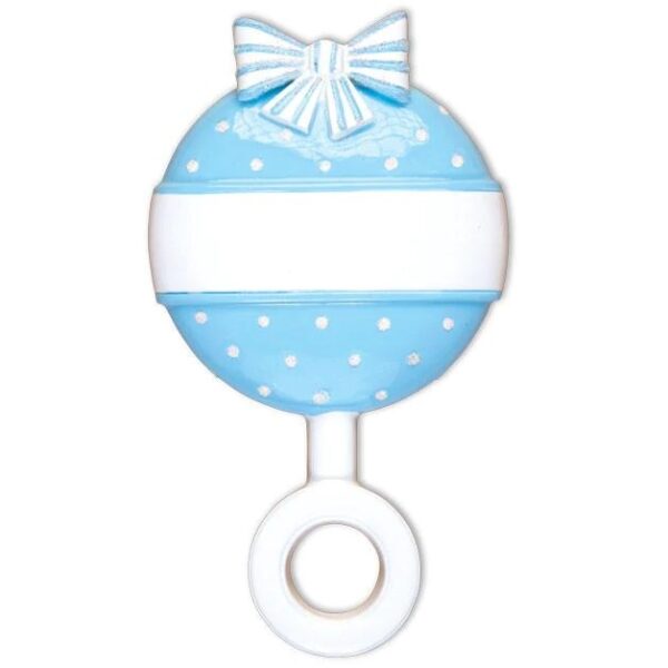 A personalised decoration in the shape of a baby's rattle. It is blue with white polka dots and a large white band across the centre for personalisation and a blue and white striped bow on top.