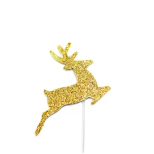 A glittery gold leaping reindeer shaped cake decoration pick.