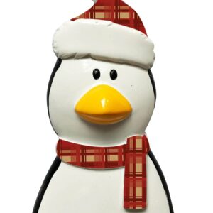 A polyresin Personalisable Christmas tree decoration in the shape of a penguins head. The peguin has two small black eyes and a large yellow beak and is wearing a tartan scarf and matching Santa hat, on the white trim of the hat there space to write a name.