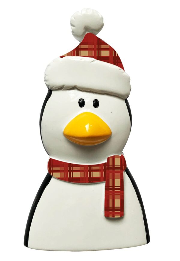 A polyresin Personalisable Christmas tree decoration in the shape of a penguins head. The peguin has two small black eyes and a large yellow beak and is wearing a tartan scarf and matching Santa hat, on the white trim of the hat there space to write a name.