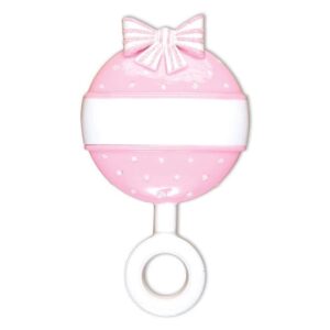 A personalised decoration in the shape of a baby's rattle. It is pink with white polka dots and a large white band across the centre for personalisation and a pink and white striped bow on top.