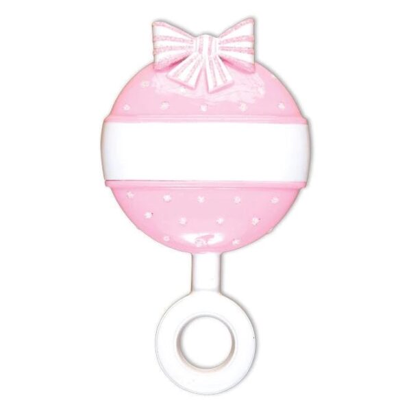 A personalised decoration in the shape of a baby's rattle. It is pink with white polka dots and a large white band across the centre for personalisation and a pink and white striped bow on top.