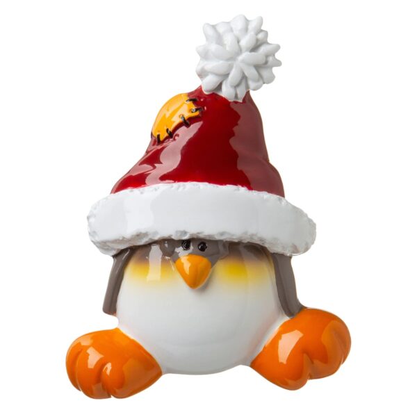 A polyresin Personalisable Christmas tree decoration in the shape of a Penguin. This penguin is wearing a large oversized Santa hat and on the white trim of the hat there is space for a name to be written.