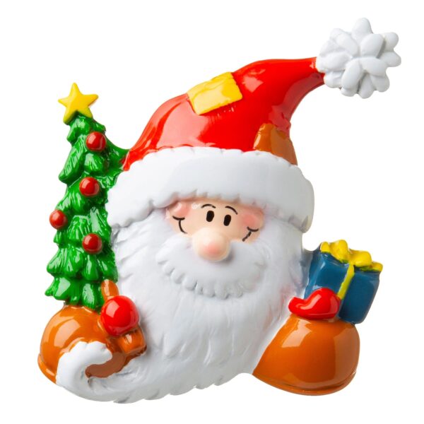 A polyresin Personalisable Christmas tree decoration in the shape of a Santa's head. Santa is holding a green Christmas tree decorated with red baubles and a yellow star and a blue gift with a yellow ribbon He is wearing his Santa hat and on the white trim of the hat there is space to write a name.