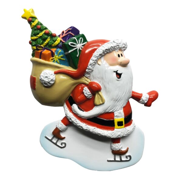 A polyresin Personalisable Christmas tree decoration in the shape of Santa Ice Skating. Santa is holding a large sack of gifts over his shoulder as he happily ice skates. Between his ice skates there is space for a name to be written.