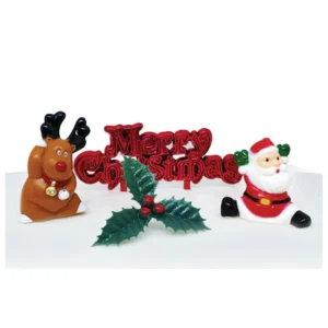 A polyresin Santa Claus and Rudolph cake topper set. Santa is wearing his traditional red outfit and is doing the splits with his arms raised above his head. Rudolph looks like he is dancing with one arm up next to his antlers and the other pointing down to the ground. They are next to a green plastic holly sprig with red berries and a red plastic Merry Christmas motto cake decoration..