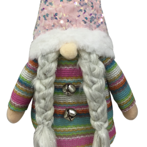 A free standing plush gonk decoration. This gonk has white furry boots with pink and purple laces and is wearing a pastel multicoloured striped jumper with two silver bells for buttons. Her hair is white and has traces of silver tinsel running through it. It sits in two plaits either side of her round pink nose which pokes out from beneath her hat. Her hat is covered in pink iridescent sequins that sparkle in the light. It has a white fur trim with matching pompom.