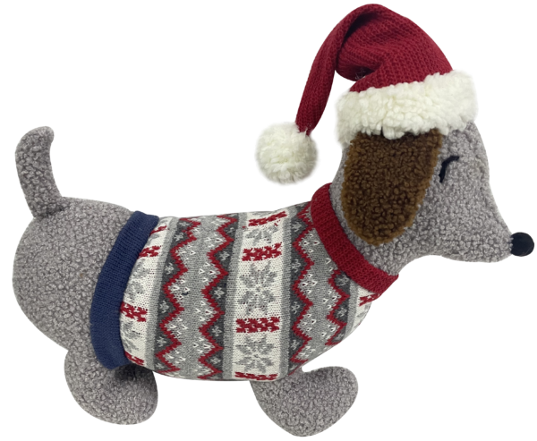 A Grey Bouclé Fabric Sausage Dog Doorstop. The main body of the dachshund shaped doorstep is made of grey bouclé fabric. He has a grey, red, white and navy Nordic style jumper on. His ears are made of brown bouclé fabric. He has a round black nose and eyes. On his head he is wearing a red knitted Santa hat with white fur trim and matching pompom.