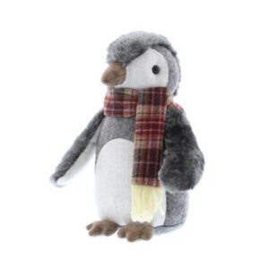 A plush grey Penguin doorstop. This penguin doorstop has a body of grey plush fur and a white tummy and face. he has a brown felt beak and brown felt toes.he is wearing a red tartan scarf which has a cream fringe at the end.