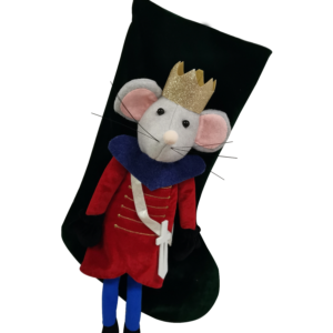 Mouse King from The Nutcracker 3D stocking. A plain black Christmas stocking which has a plush 3D figure of the Mouse King attached to the front. He is wearing a red coat with gold buttons, a white sash with a white felt sword. His coat has a navy collar and black gloves. His grey mouse head has pink ears and nose and black eyes and whiskers and on his head he has a sparkling gold glitter crown. His blue trousers and black boots cover his legs which hang from the bottom of the stocking.