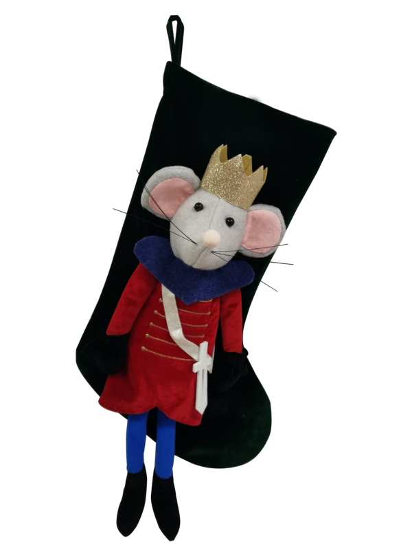 Mouse King from The Nutcracker 3D stocking. A plain black Christmas stocking which has a plush 3D figure of the Mouse King attached to the front. He is wearing a red coat with gold buttons, a white sash with a white felt sword. His coat has a navy collar and black gloves. His grey mouse head has pink ears and nose and black eyes and whiskers and on his head he has a sparkling gold glitter crown. His blue trousers and black boots cover his legs which hang from the bottom of the stocking.